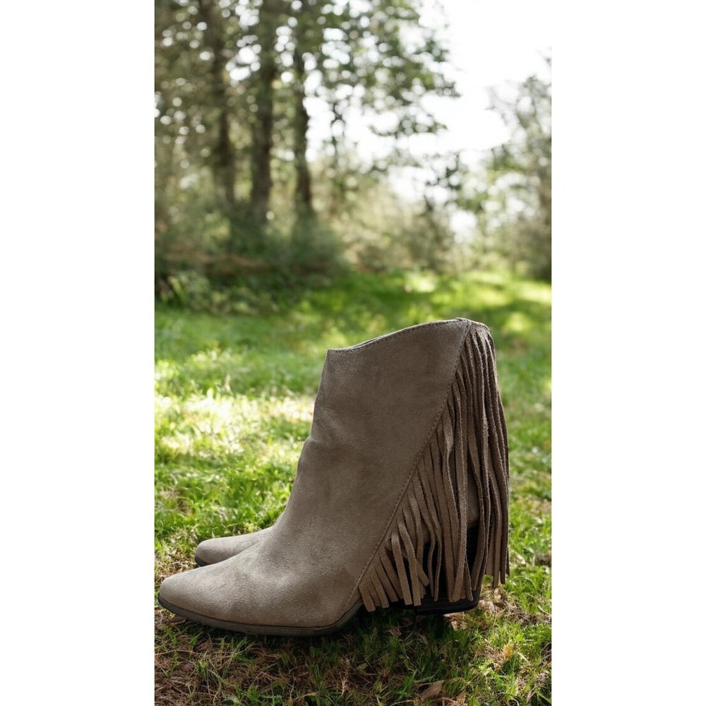 Candie's Roadhouse Western Fringe Suede Heeled Ankle Booties Boho Taupe Size 9